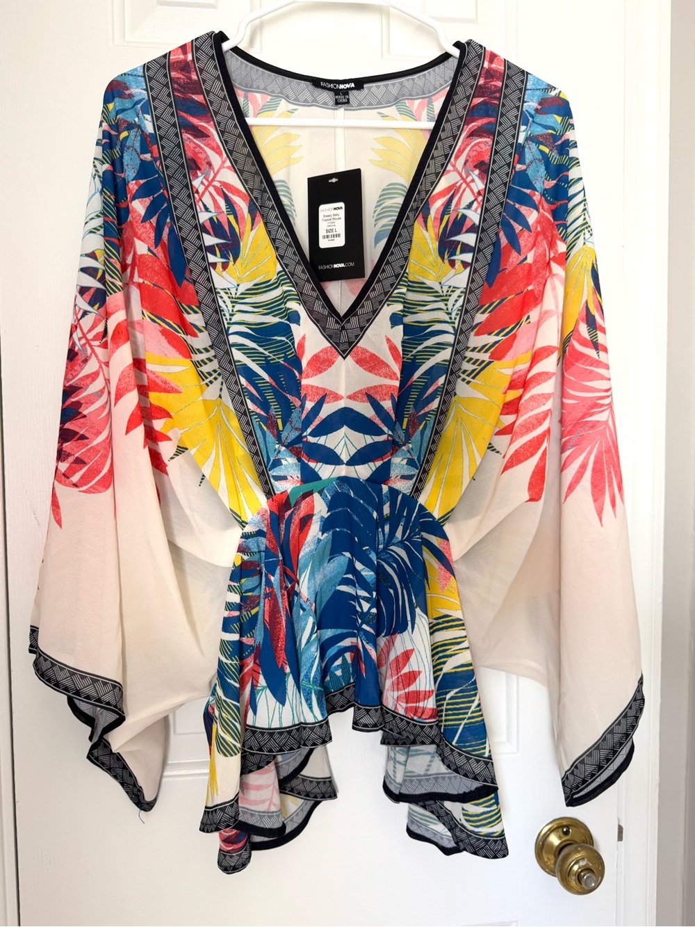 NWT, Fashion Nova, Breezy Baby Tropical Blouse, Size L, Kimono Sleeves, Floral